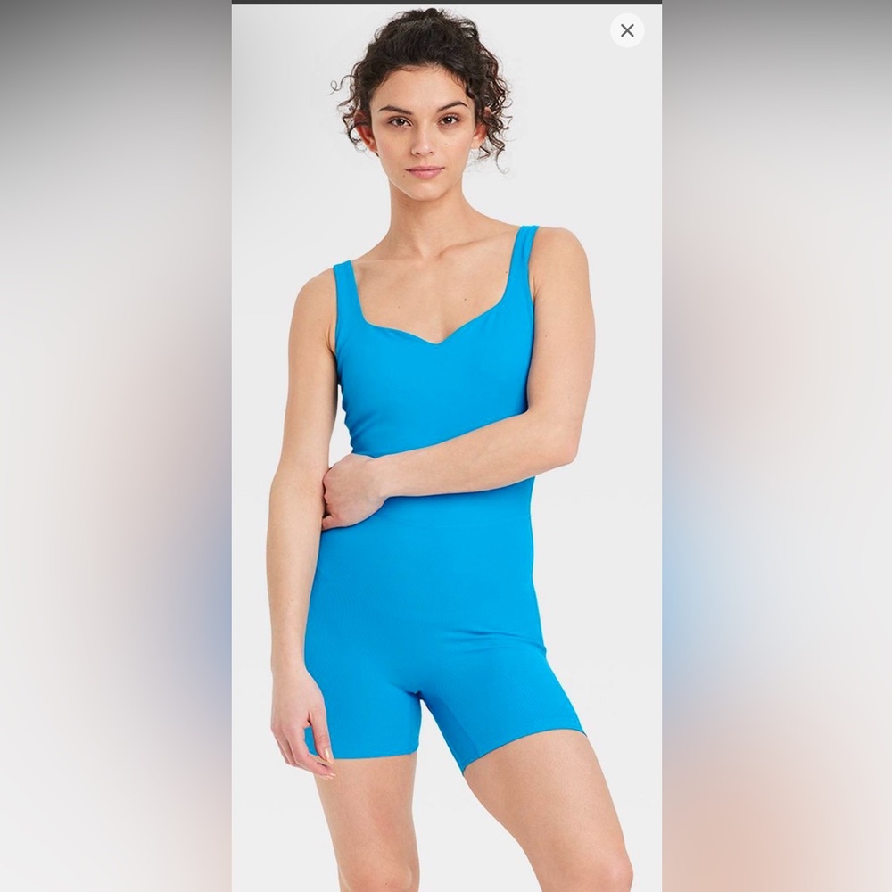 Women's Blue All In Motion Bodysuit Ribbed Sweetheart Neckline